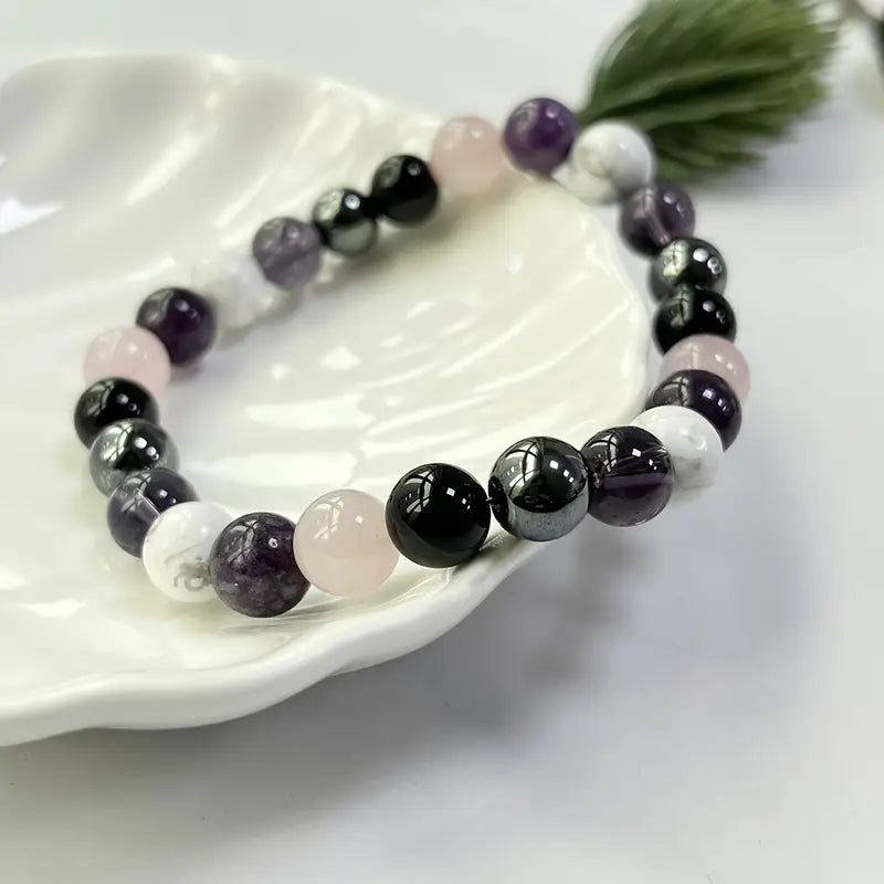 Amethyst, Black, Hematite, Rose Quartz, Lepidolite Handmade Beads bracelet