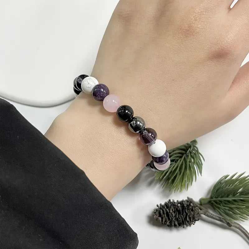 Amethyst, Black, Hematite, Rose Quartz, Lepidolite Handmade Beads bracelet