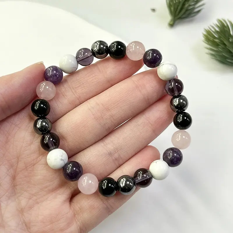 Amethyst, Black, Hematite, Rose Quartz, Lepidolite Handmade Beads bracelet