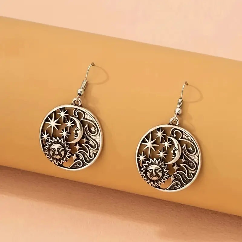 Retro Moon, Star, And Sun Round Pendant Earrings