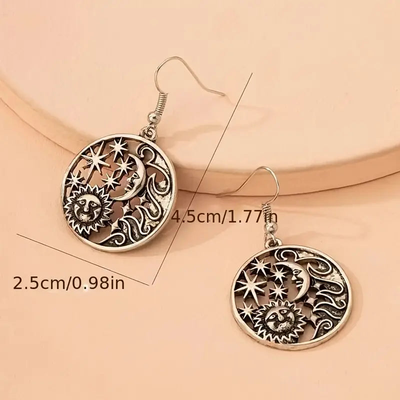 Retro Moon, Star, And Sun Round Pendant Earrings