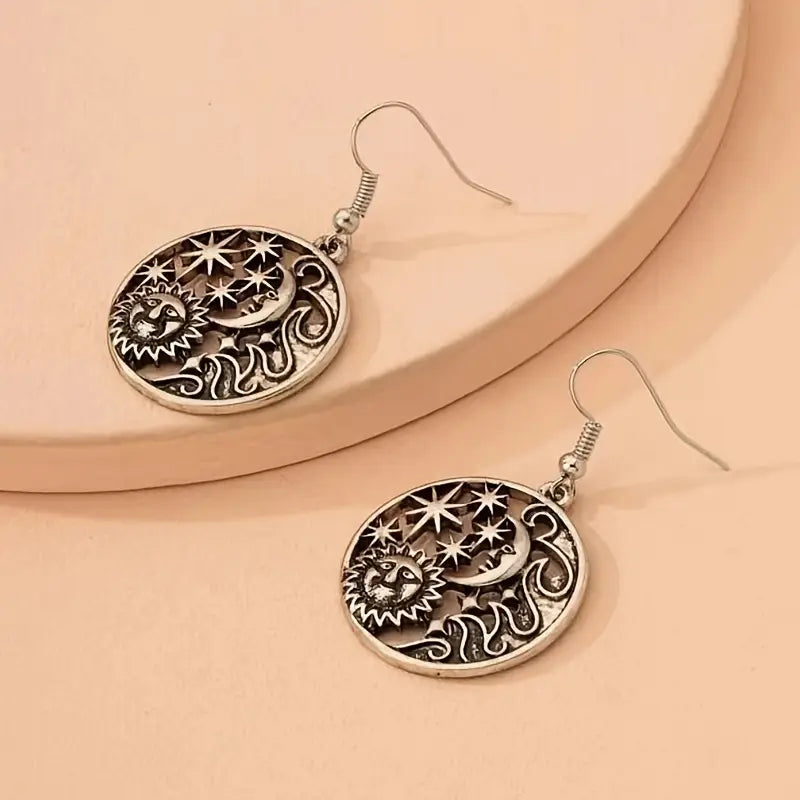 Retro Moon, Star, And Sun Round Pendant Earrings